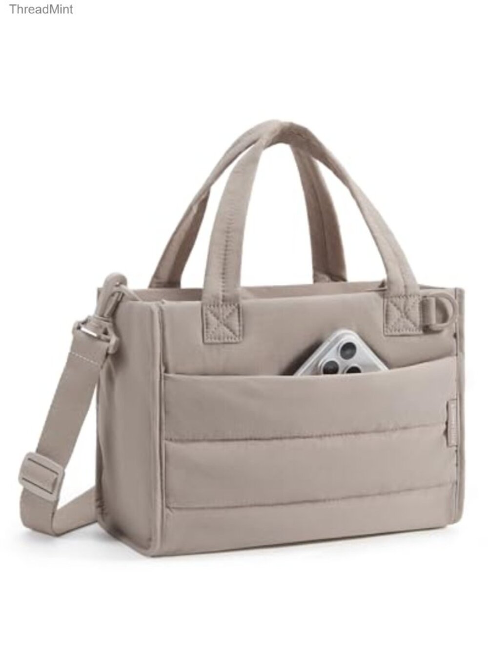 Quilted Puffer Tote Bag with Zipper, Detachable Strap Crossbody